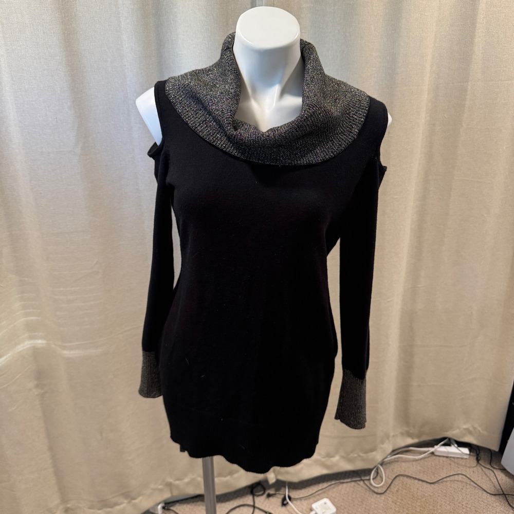 Questions Cold Shoulder Cowl Neck‎ Sweater Dress Black Metallic M